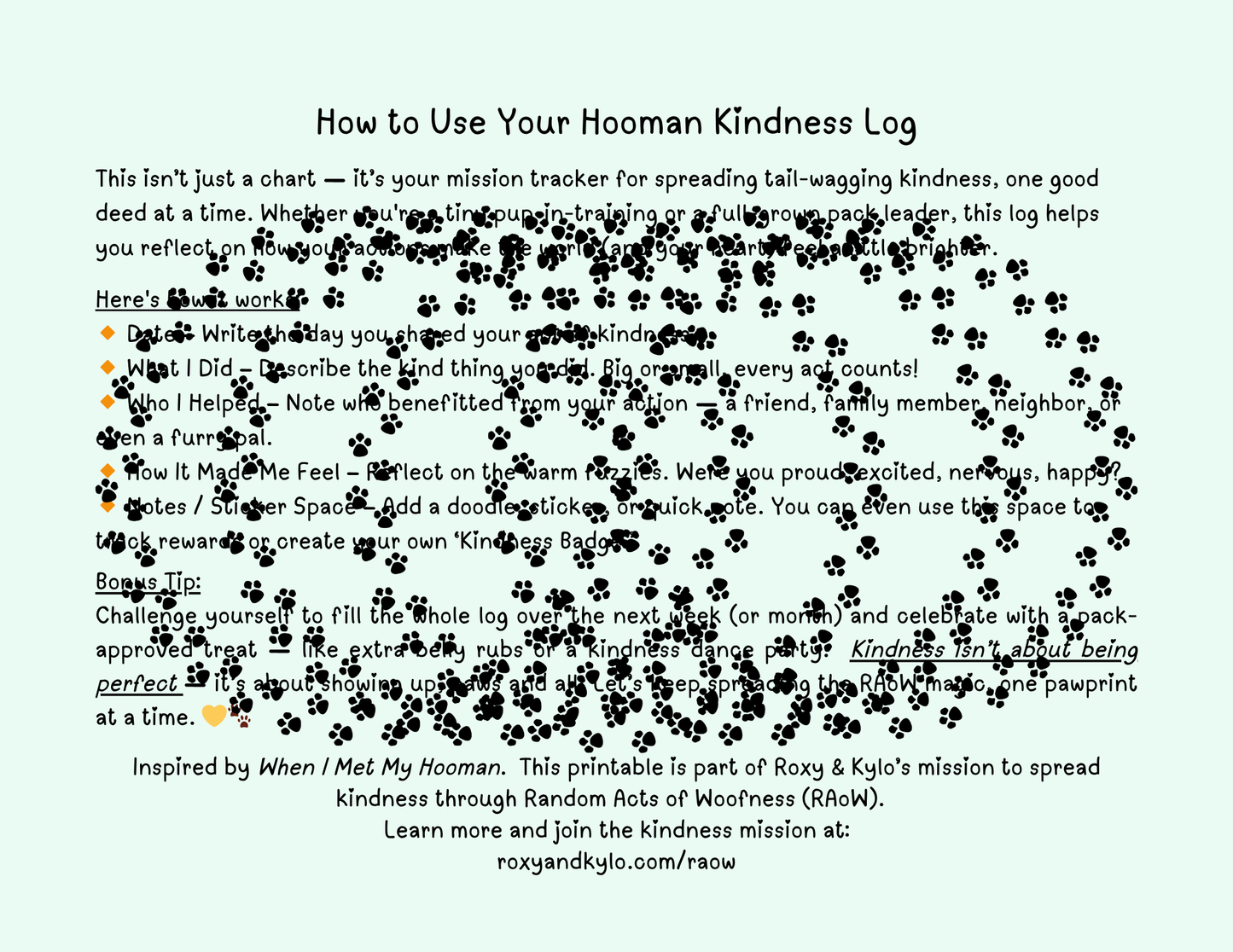 RAOW Printable | Your Hooman Kindness Log