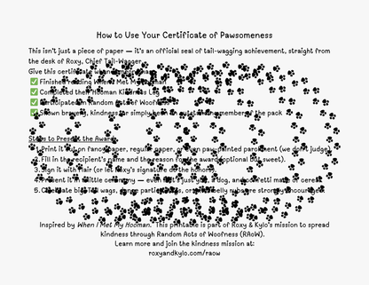 RAOW Printable | Certificate of Pawsomeness
