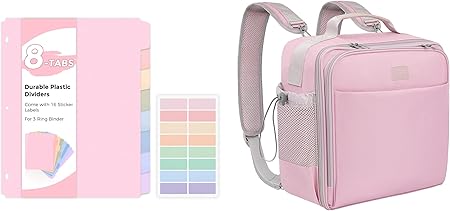 SKYDUE Zippered Binder Backpack With Adjustable Shoulder Strap & Handle + Plastic Dividers & Tab Stickers (Pink)