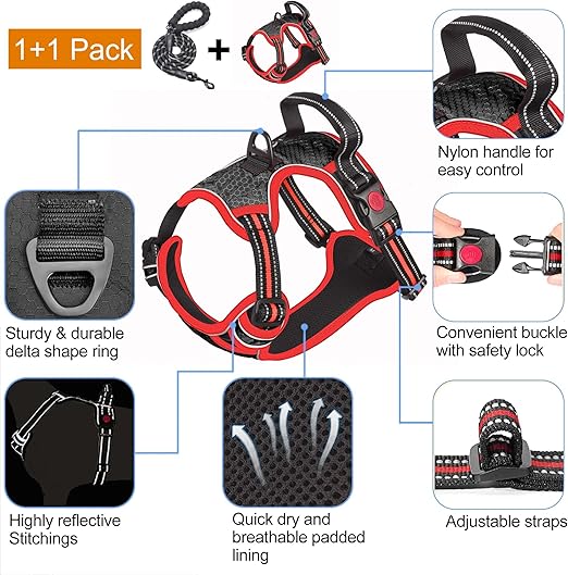 TOBEDRI No Pull Adjustable Reflective Dog Harness